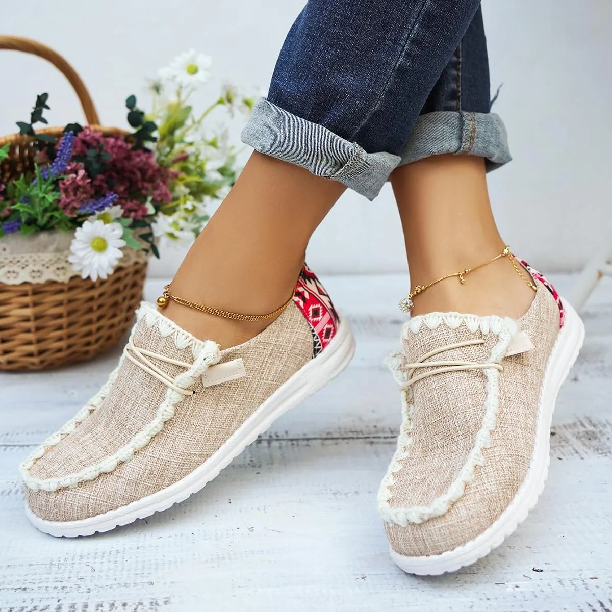 Womens Lace-Up Canvas Lightweight Boat Shoes Casual Comfortable Slip on Knit Loafers Outdoor Walking Low Top Wide Deck Shoes