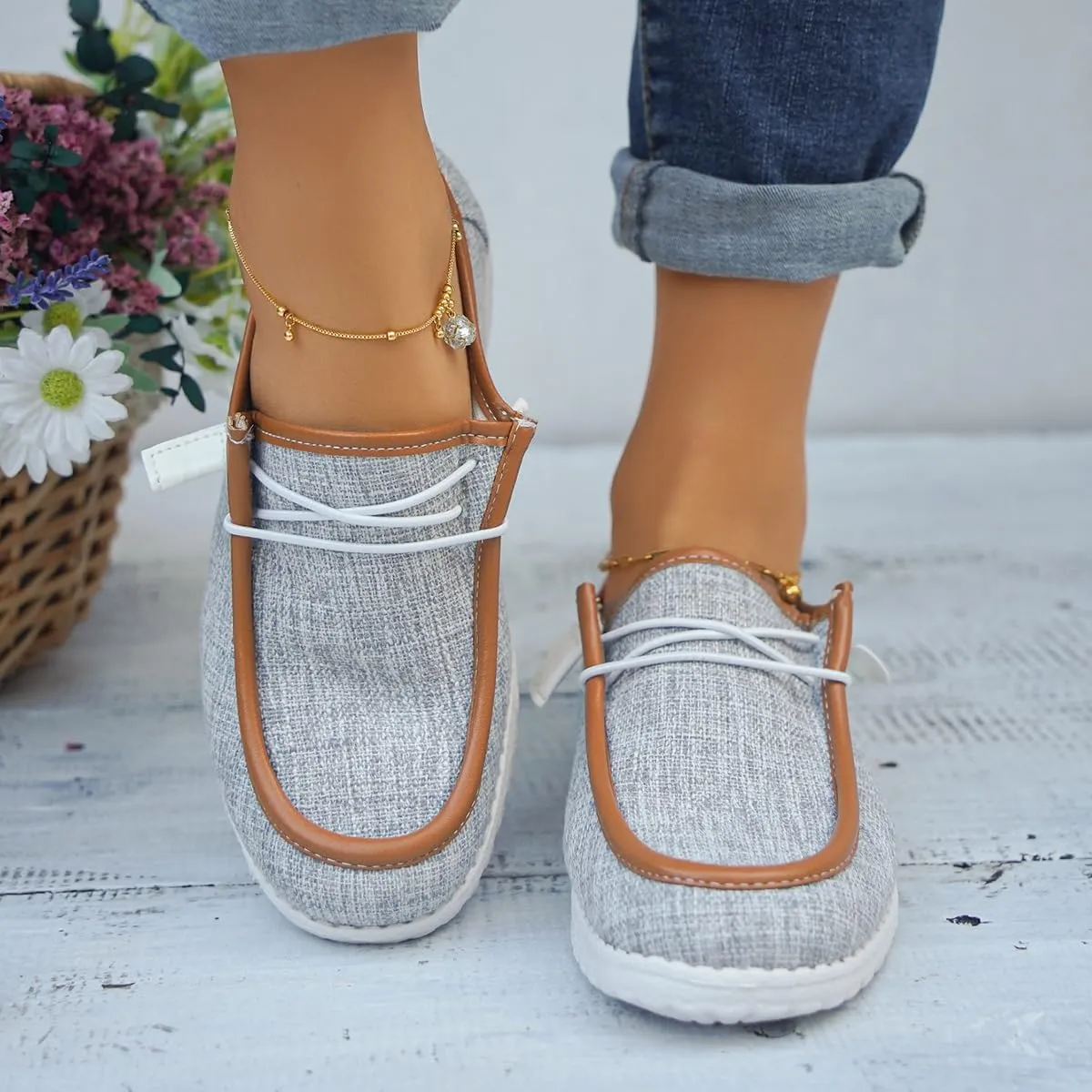 Womens Lace-Up Canvas Lightweight Boat Shoes Casual Comfortable Slip on Knit Loafers Outdoor Walking Low Top Wide Deck Shoes