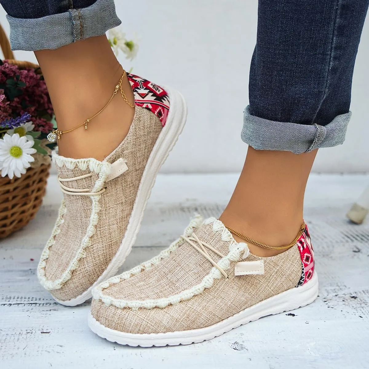 Womens Lace-Up Canvas Lightweight Boat Shoes Casual Comfortable Slip on Knit Loafers Outdoor Walking Low Top Wide Deck Shoes
