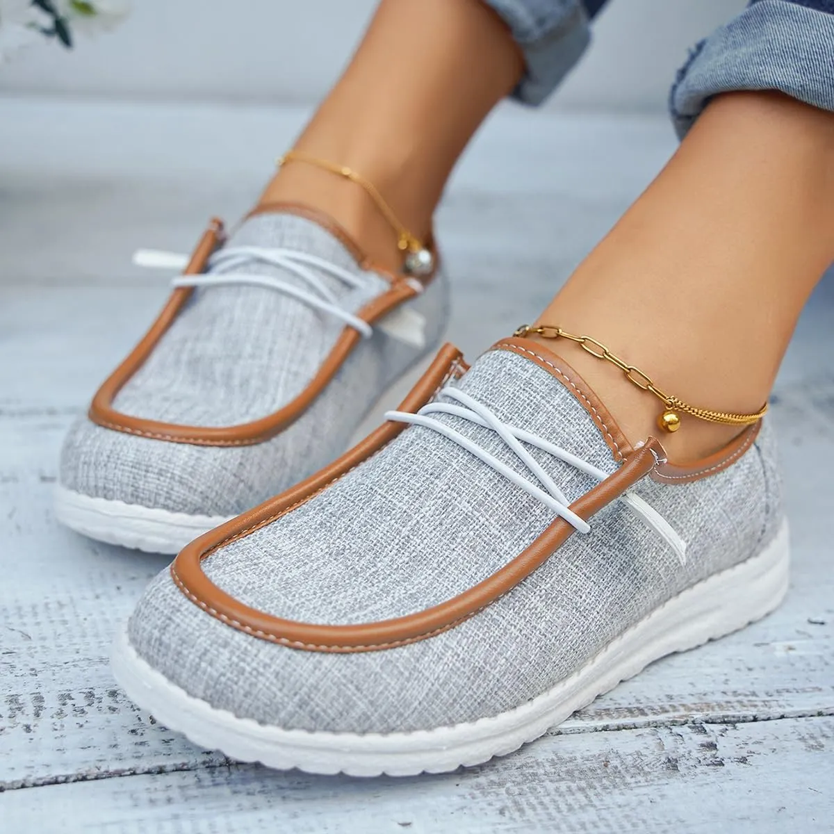 Womens Lace-Up Canvas Lightweight Boat Shoes Casual Comfortable Slip on Knit Loafers Outdoor Walking Low Top Wide Deck Shoes