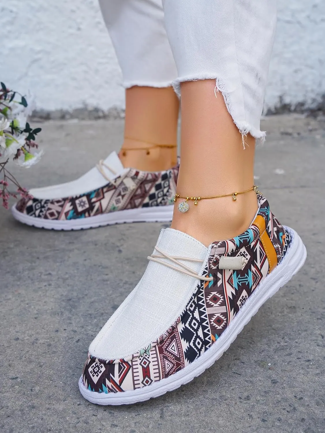 Women's Lace-up Loafers Canvas Loafers with Arch Support Color Painted Wide Width Walking Sneakers Comfortable Slip-on Sneakers