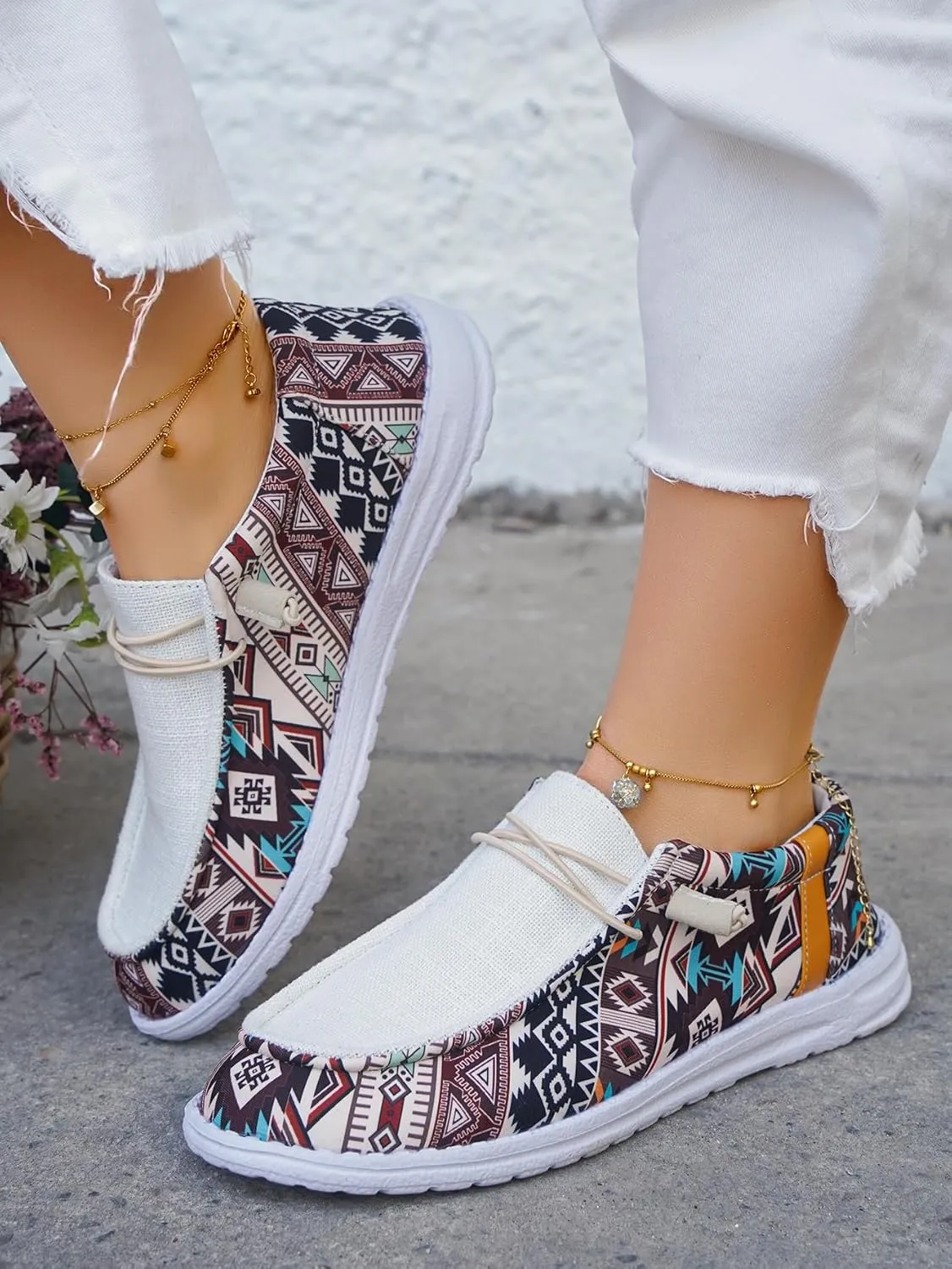 Women's Lace-up Loafers Canvas Loafers with Arch Support Color Painted Wide Width Walking Sneakers Comfortable Slip-on Sneakers