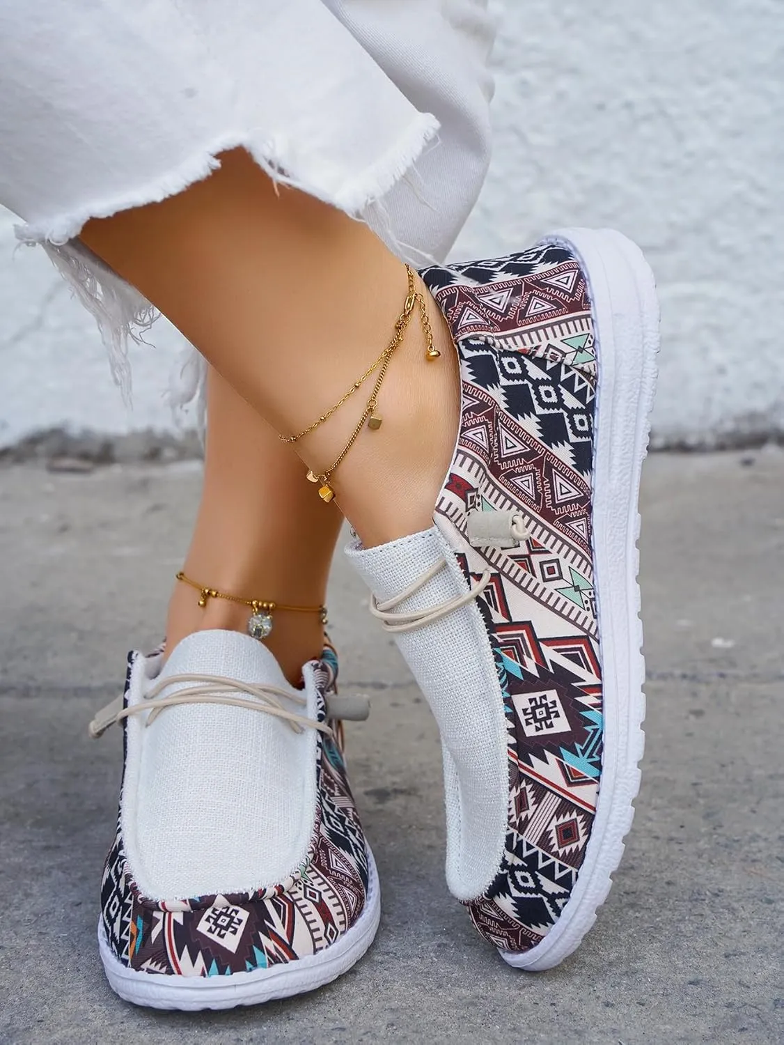 Women's Lace-up Loafers Canvas Loafers with Arch Support Color Painted Wide Width Walking Sneakers Comfortable Slip-on Sneakers