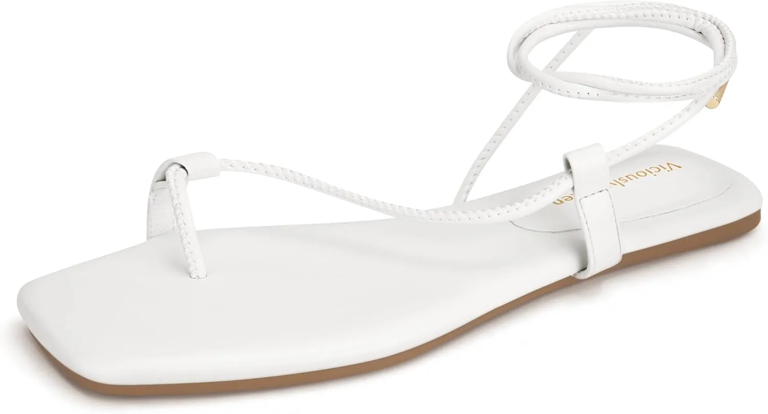 Women's Lace Up Sandals Strappy Flats Gladiator Wrap Flip Flop Tie Open Ring Toe Summer Shoes
