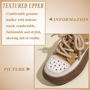 Women's Leather Lace Up Cutout Platform Increasing Sneakers Closed Toe Perforation Comfortable Low Top Non-Slip Casual Shoes for Traveling Vacation Hiking