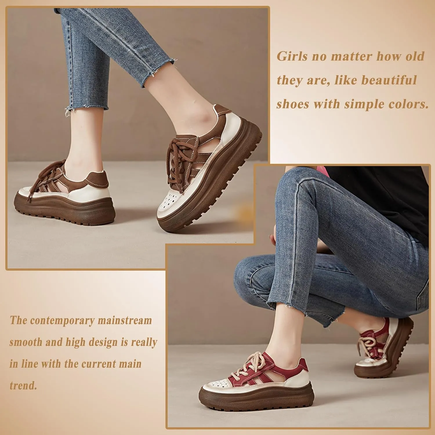 Women's Leather Lace Up Cutout Platform Increasing Sneakers Closed Toe Perforation Comfortable Low Top Non-Slip Casual Shoes for Traveling Vacation Hiking