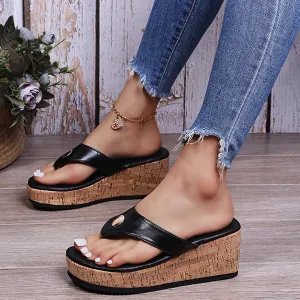 Women's Leather Platform Clip Toe Flip Flops with Arch Support Summer Casual Anti-Slip Orthopedic Wedges Walking Sandals Beach Flip