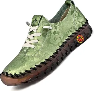 Women's Leather Soft Bottom Flat Slip-on Loafers Fashion Handmade Floral Embroidery Walking Shoes Comfort Orthopedic 4D Pain Relief Casual Shoes