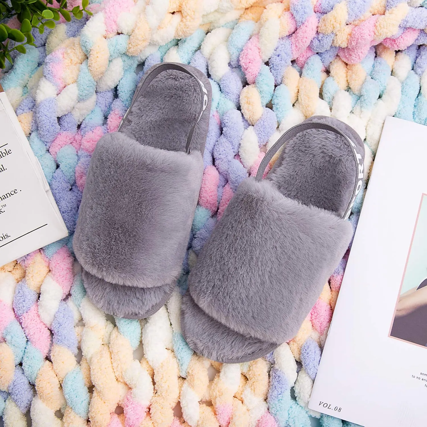 Womens Leopard Fuzzy Slippers Soft Plush Open Toe Faux Fur House Slide Sandals Indoor Spa Bedroom Flat Shoes with Elastic Strap
