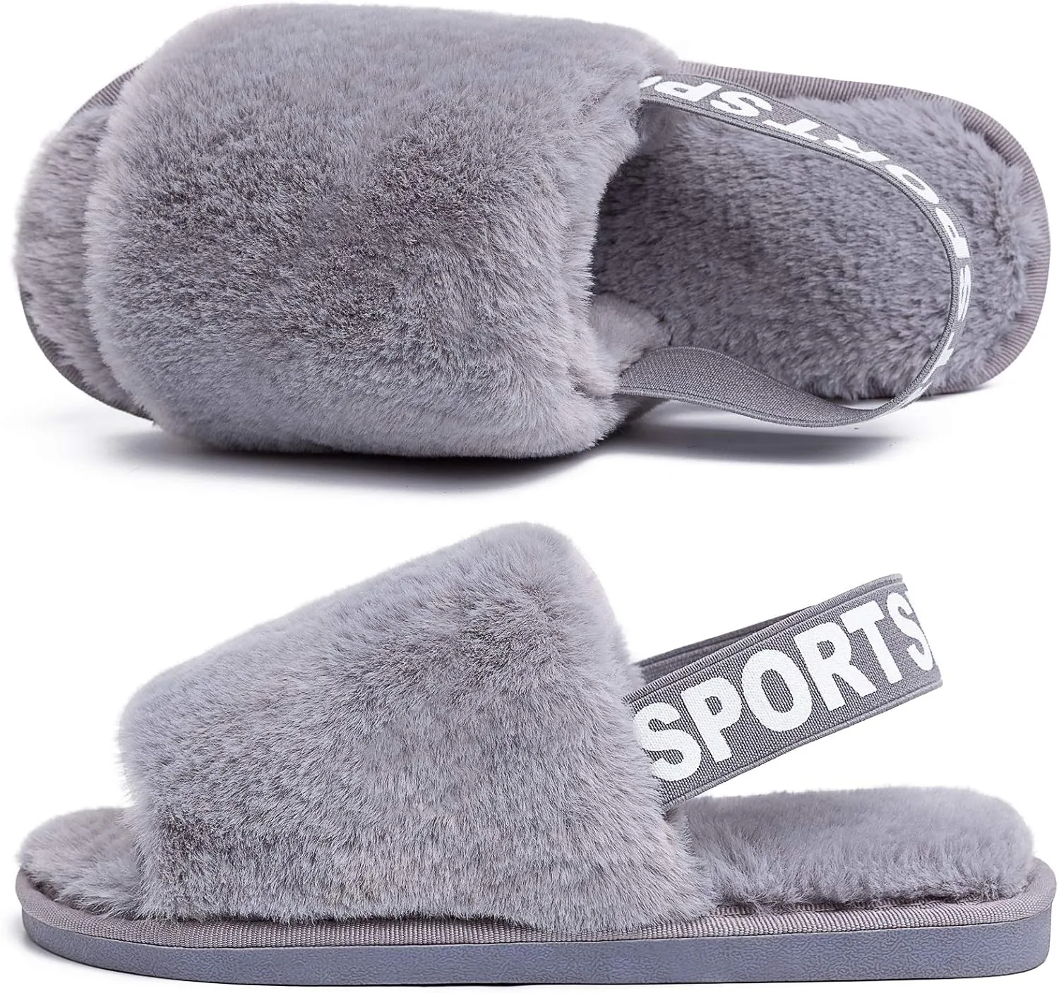 Womens Leopard Fuzzy Slippers Soft Plush Open Toe Faux Fur House Slide Sandals Indoor Spa Bedroom Flat Shoes with Elastic Strap