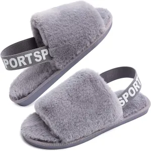 Womens Leopard Fuzzy Slippers Soft Plush Open Toe Faux Fur House Slide Sandals Indoor Spa Bedroom Flat Shoes with Elastic Strap