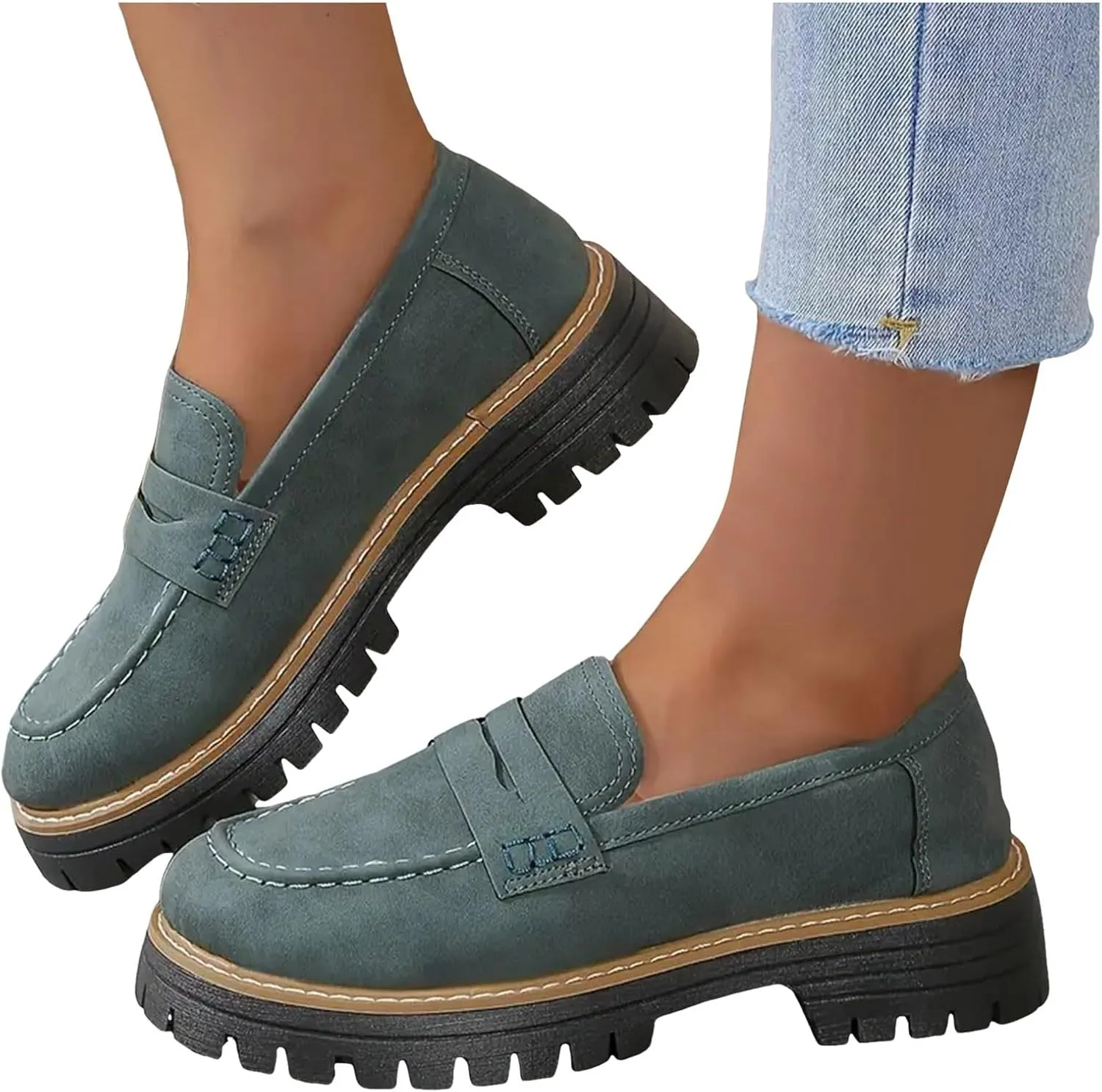 Womens Loafers Comfortable Dressy 2025 Platform Loafers for Women Suede Penny Loafers Lug Sole Casual Slip-Ons Work Business Casual Shoes Women