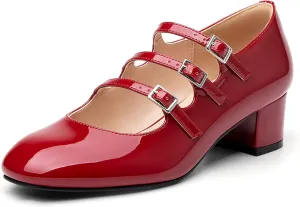 Women's Mary Jane Pumps - Chunky Mid Heel with 3-Strap Buckle Design, Comfortable Round Toe