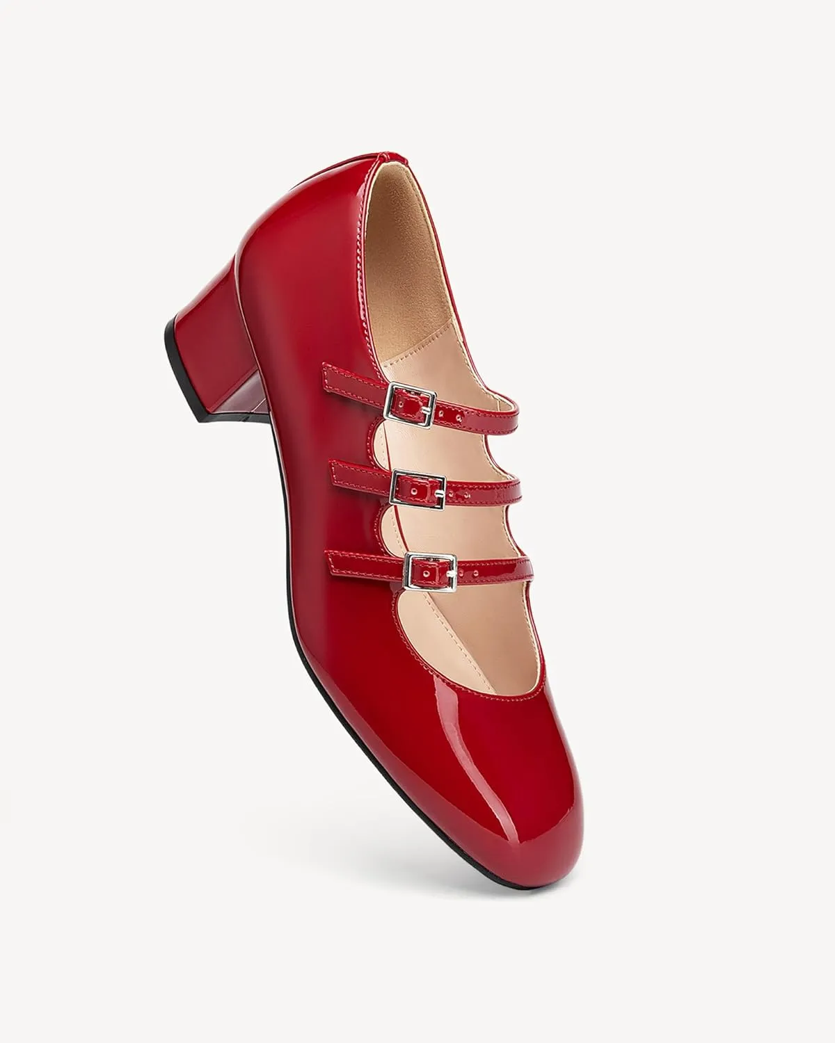 Women's Mary Jane Pumps - Chunky Mid Heel with 3-Strap Buckle Design, Comfortable Round Toe