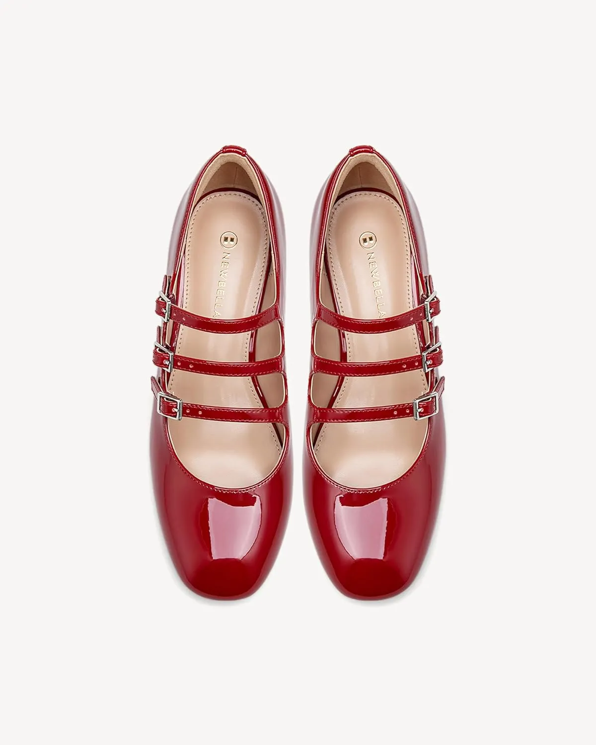 Women's Mary Jane Pumps - Chunky Mid Heel with 3-Strap Buckle Design, Comfortable Round Toe