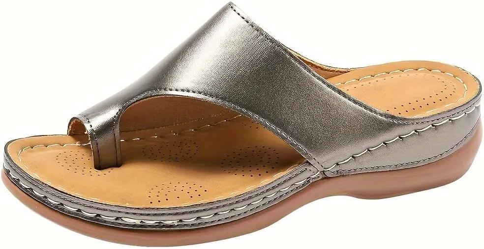 Women's Mid Heel Terrace Wedge Sandals, Faux leather upper, polyurethane sole and split toe design, summer comfort flip flop casual shoes