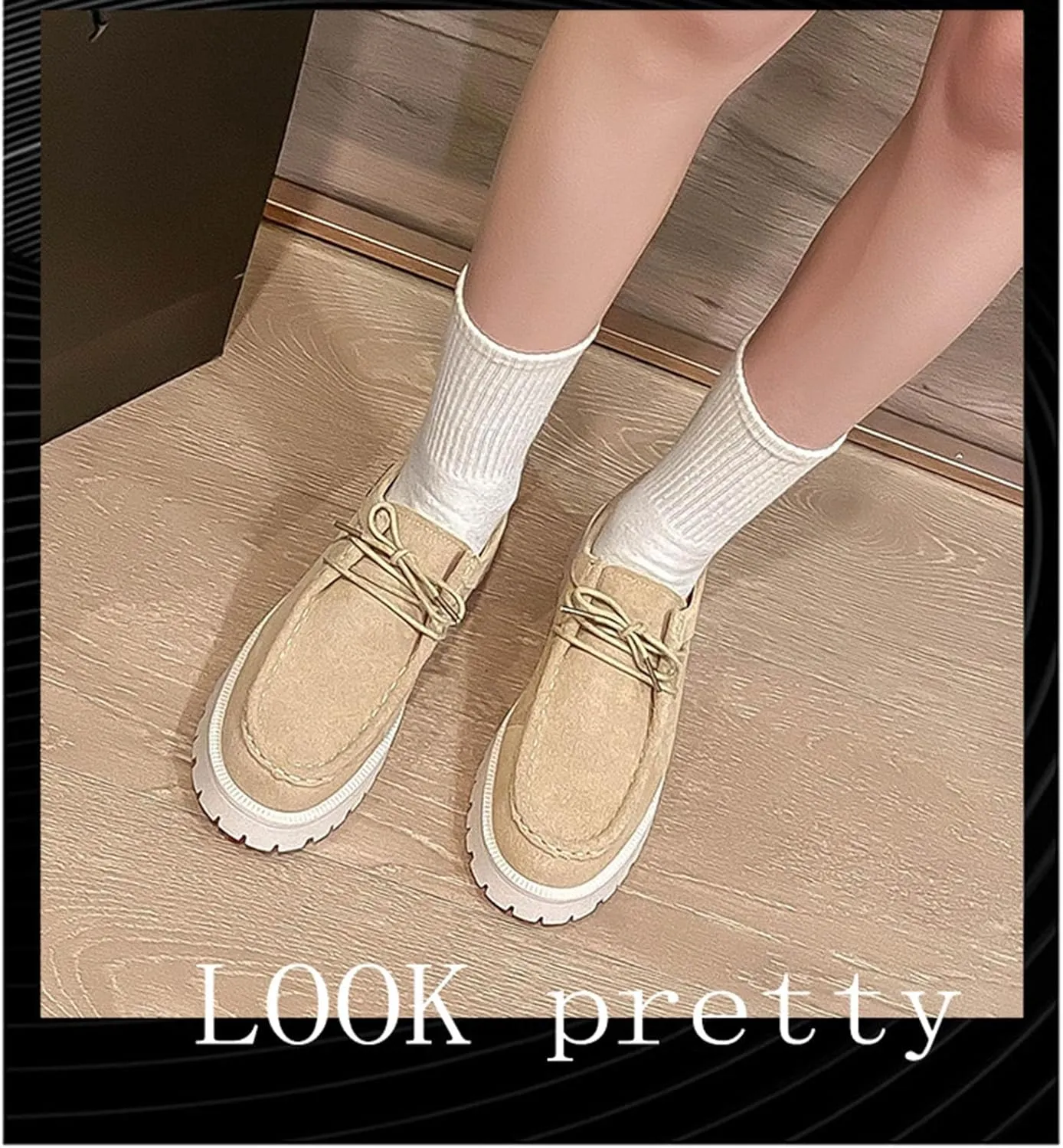 Women's Retro Suede Thick Soled Lace Up Loafers Comfortable and Fashionable Non Slip Casual Walking Shoes Soft Soled British Style Small Leather Shoes