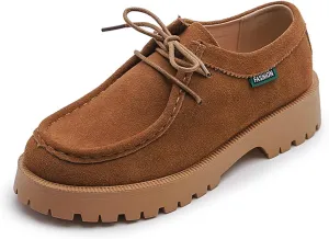 Women's Retro Suede Thick Soled Lace Up Loafers Comfortable and Fashionable Non Slip Casual Walking Shoes Soft Soled British Style Small Leather Shoes