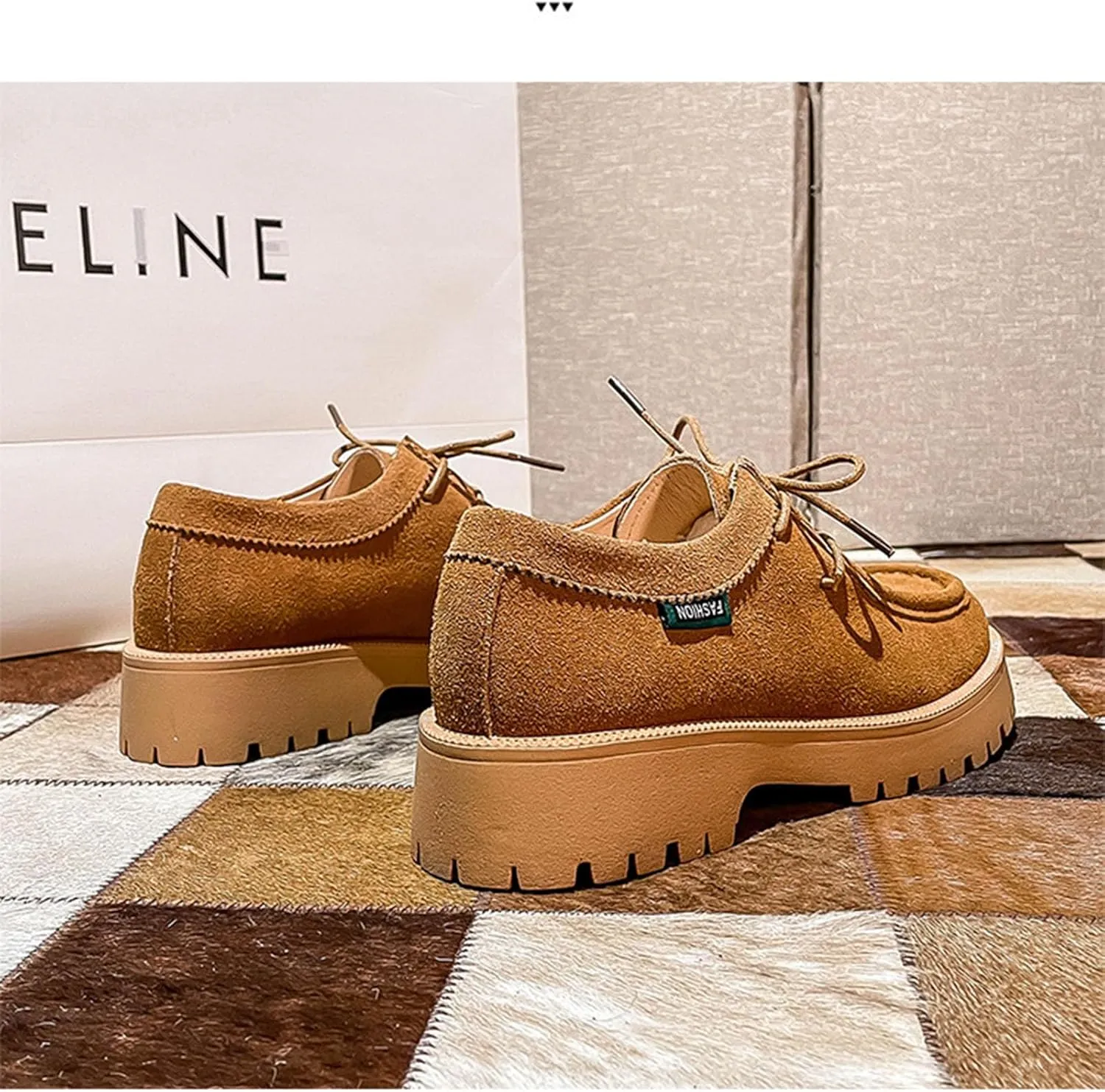 Women's Retro Suede Thick Soled Lace Up Loafers Comfortable and Fashionable Non Slip Casual Walking Shoes Soft Soled British Style Small Leather Shoes