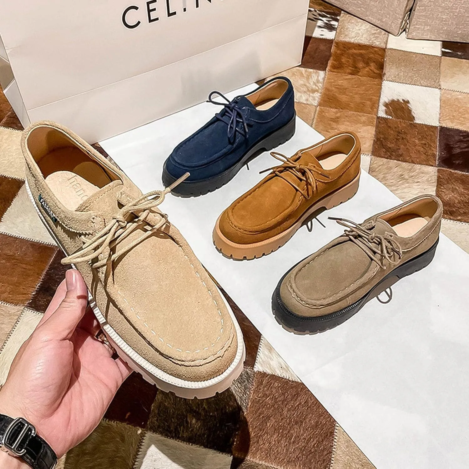 Women's Retro Suede Thick Soled Lace Up Loafers Comfortable and Fashionable Non Slip Casual Walking Shoes Soft Soled British Style Small Leather Shoes