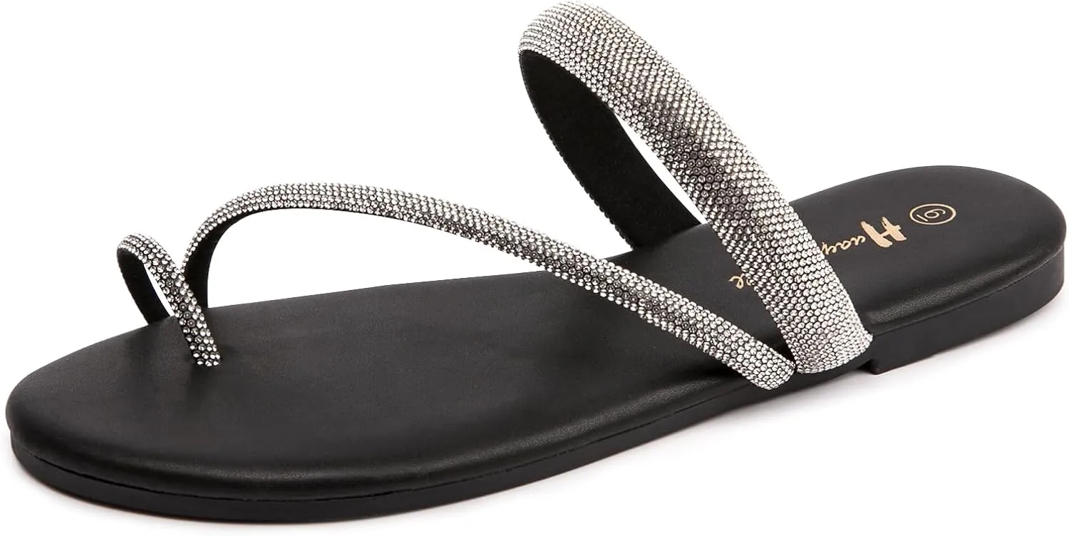 Women's Rhinestone Slide Sandals Slip On Flat Sandals Flip Flop Thong Sandals
