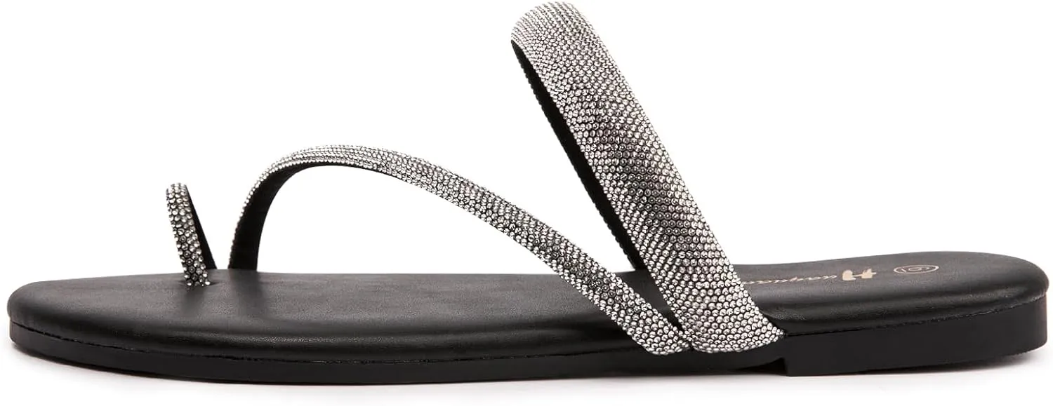 Women's Rhinestone Slide Sandals Slip On Flat Sandals Flip Flop Thong Sandals