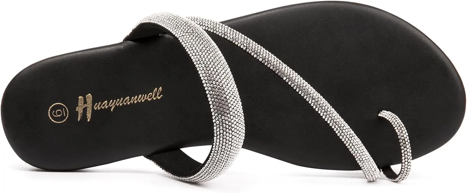 Women's Rhinestone Slide Sandals Slip On Flat Sandals Flip Flop Thong Sandals