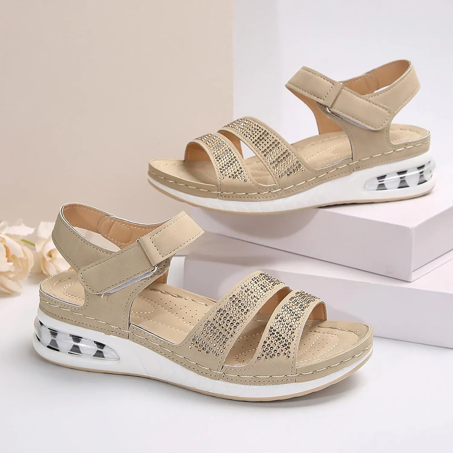 Women's Round Toe Flat Arch Support Wide Width Walking Running Back Ankle Strap Soft Cushion Low Platform Sandals