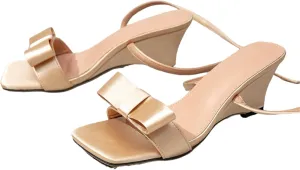Women's Satin Bow Knot Heeled Sandals Square Toe Crossing Ankle Buckle Strap Wedge Open-toe Comfortable Wedding Party Fashion Heeled