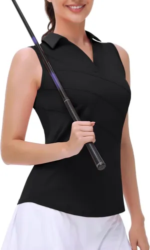 Womens Sleeveless Golf Polo Shirts Collared V Neck Tank Tops Moisture Wicking Tennis Workout Clothes Quick Dry