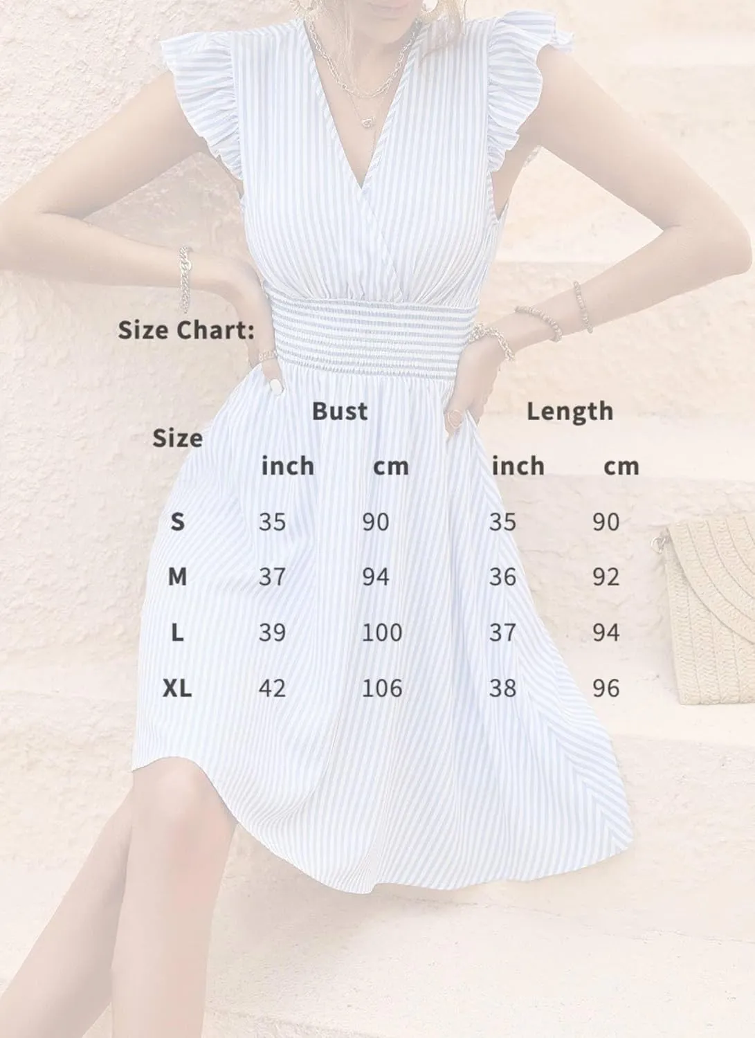 Women's Summer Elegant Ruffled Sleeve V Neck Mini Dress Casual Smocked Waist Striped Dresses Vacation Sundress 2025