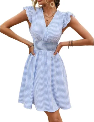 Women's Summer Elegant Ruffled Sleeve V Neck Mini Dress Casual Smocked Waist Striped Dresses Vacation Sundress 2025