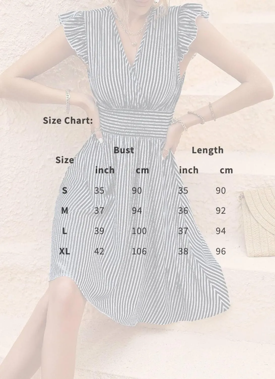 Women's Summer Elegant Ruffled Sleeve V Neck Mini Dress Casual Smocked Waist Striped Dresses Vacation Sundress 2025