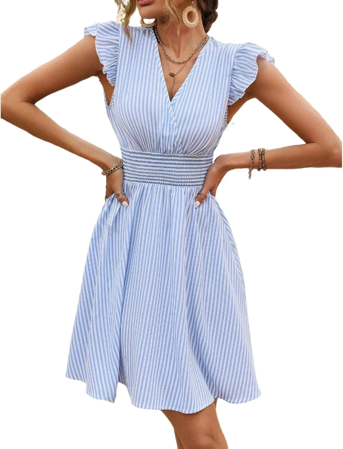 Women's Summer Elegant Ruffled Sleeve V Neck Mini Dress Casual Smocked Waist Striped Dresses Vacation Sundress 2025