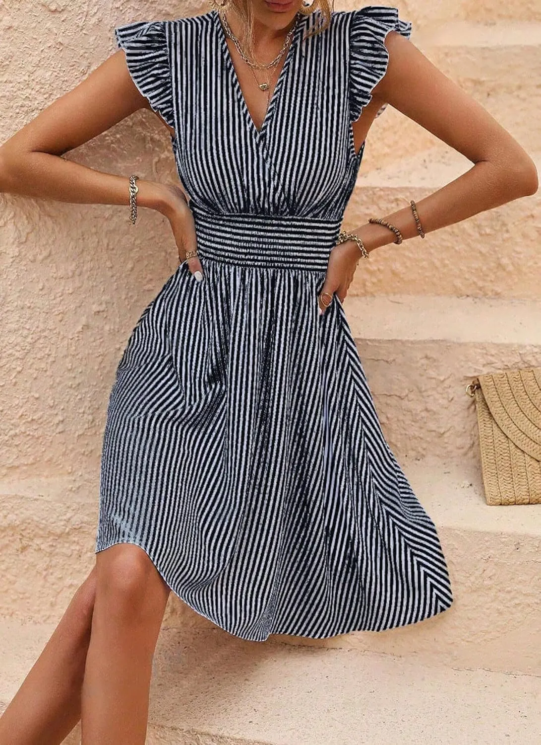 Women's Summer Elegant Ruffled Sleeve V Neck Mini Dress Casual Smocked Waist Striped Dresses Vacation Sundress 2025