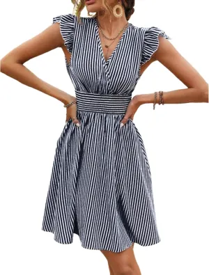 Women's Summer Elegant Ruffled Sleeve V Neck Mini Dress Casual Smocked Waist Striped Dresses Vacation Sundress 2025