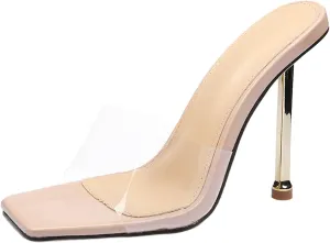 Women's Transparent Strap Stilettos Sexy Slides Sandals Fashion Clear Square Open Toe Comfortable Slingback Slip-On High Heels Prom Party Dress Mules Pumps