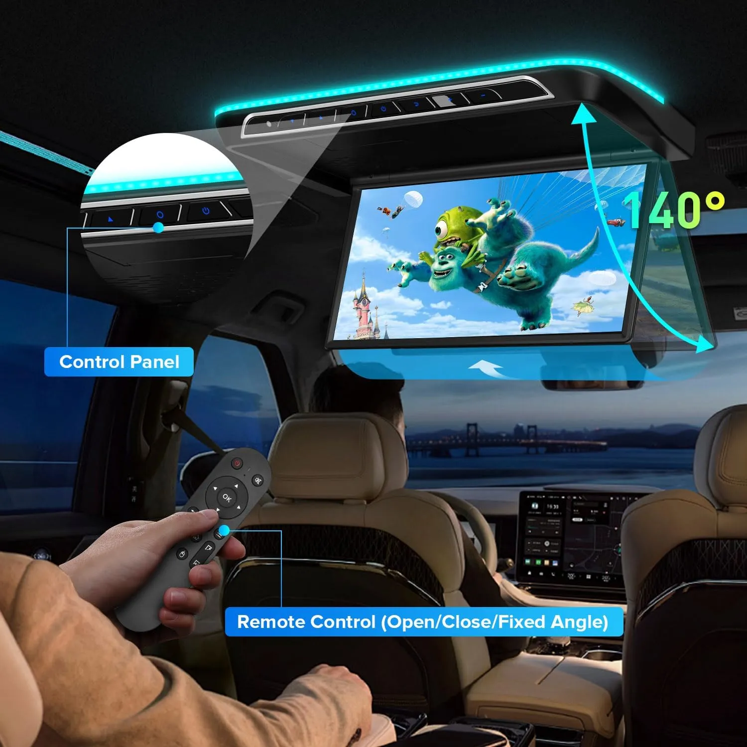 XTRONS 17.3 Inch Motorized Car Overhead Player, 8K FHD IPS Screen Android Car Roof Mount Monitor Built-in Stereo Speakers, Auto Flip Down Car Monitor Support HDMI USB Input