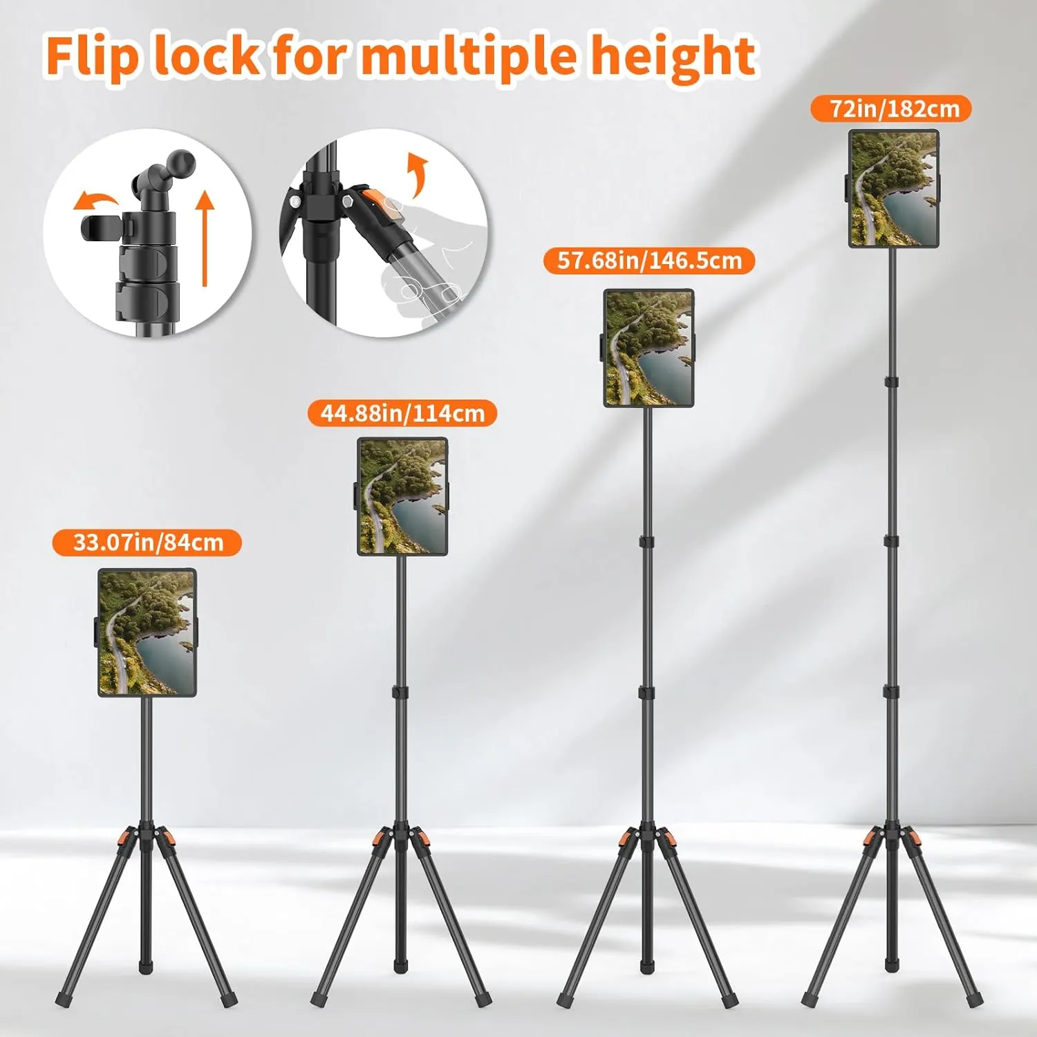 XXZU 72in Tablet Floor Stand Tripod,Tablet Stand Floor with 360° Ball Head,Height Adjustable Floor Stand Holder for Bed with Case,for Phone/Music/Mic/Stream/Recording and All 4.7-13” Devices