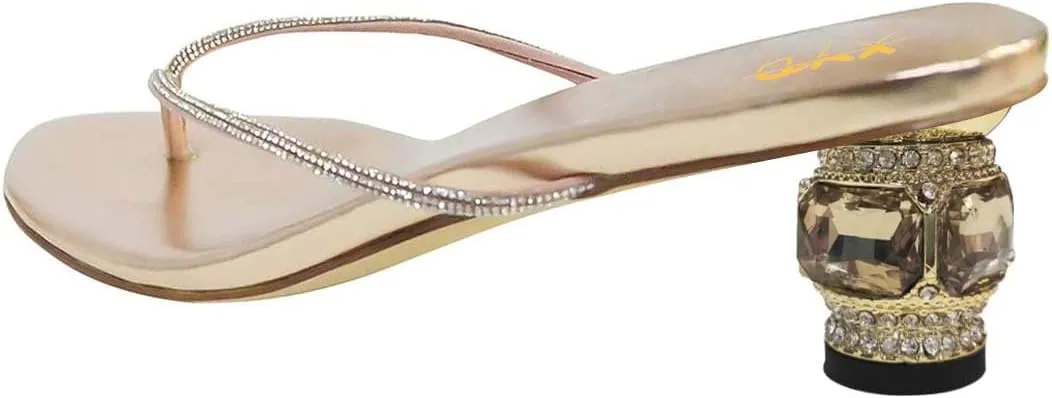 XYD Women Fashion Thong Crystal Low Heel Block Sandals Flip Flops Open Toe Summer Slip-on Beach Resort Vacation Shoes
