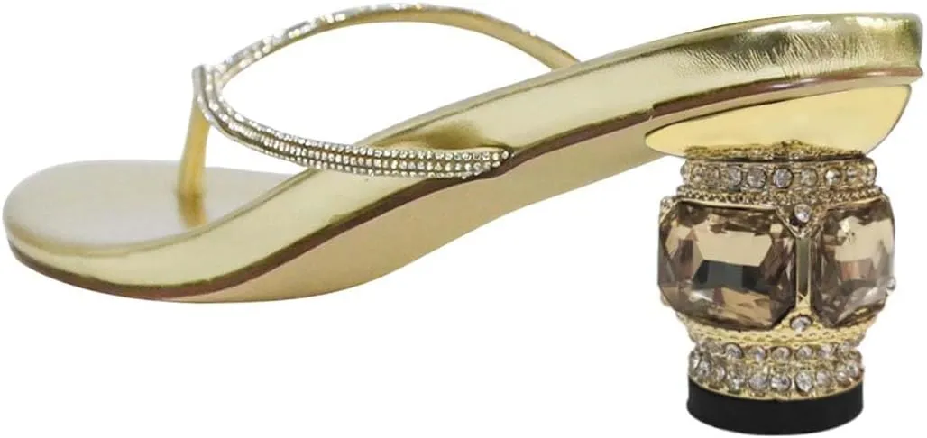 XYD Women Fashion Thong Crystal Low Heel Block Sandals Flip Flops Open Toe Summer Slip-on Beach Resort Vacation Shoes
