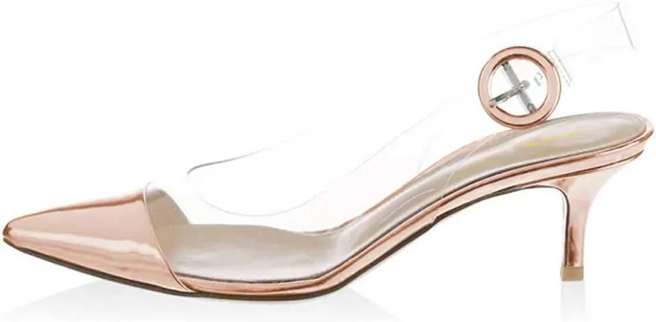 XYD Women Transparent Slingback Mid Kitten Heels Pumps Pointed Toe PVC Dress Sandals Clear Shoes with Buckle