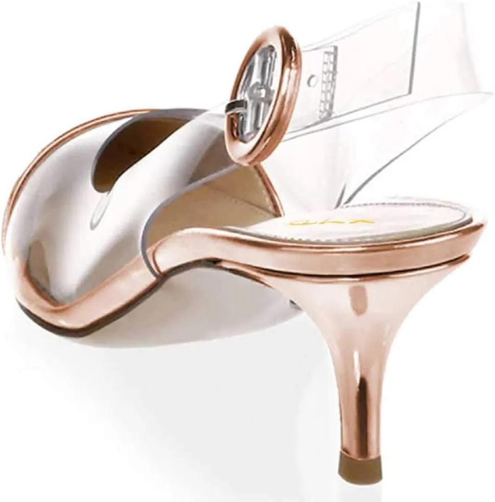 XYD Women Transparent Slingback Mid Kitten Heels Pumps Pointed Toe PVC Dress Sandals Clear Shoes with Buckle