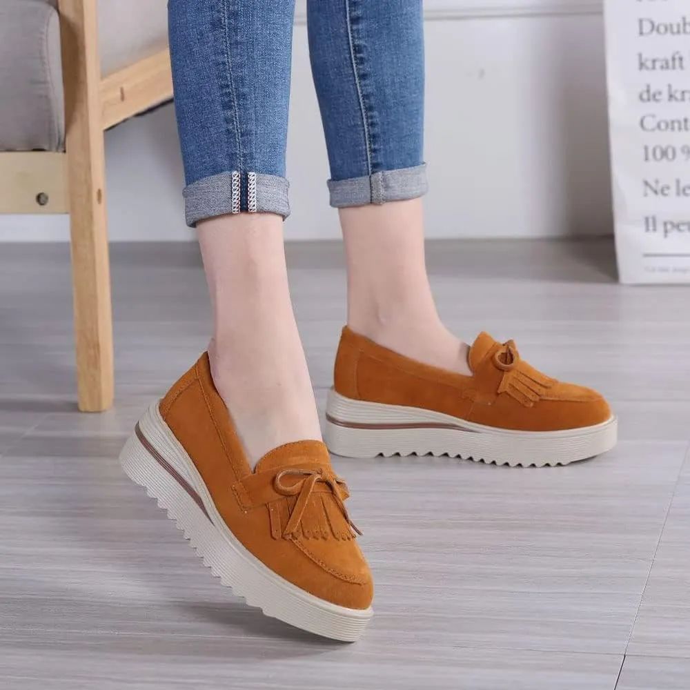 YING LAN Women Platform Slip On Loafers Comfort Suede Moccasins Wide Low Top Wedge Casual Shoes