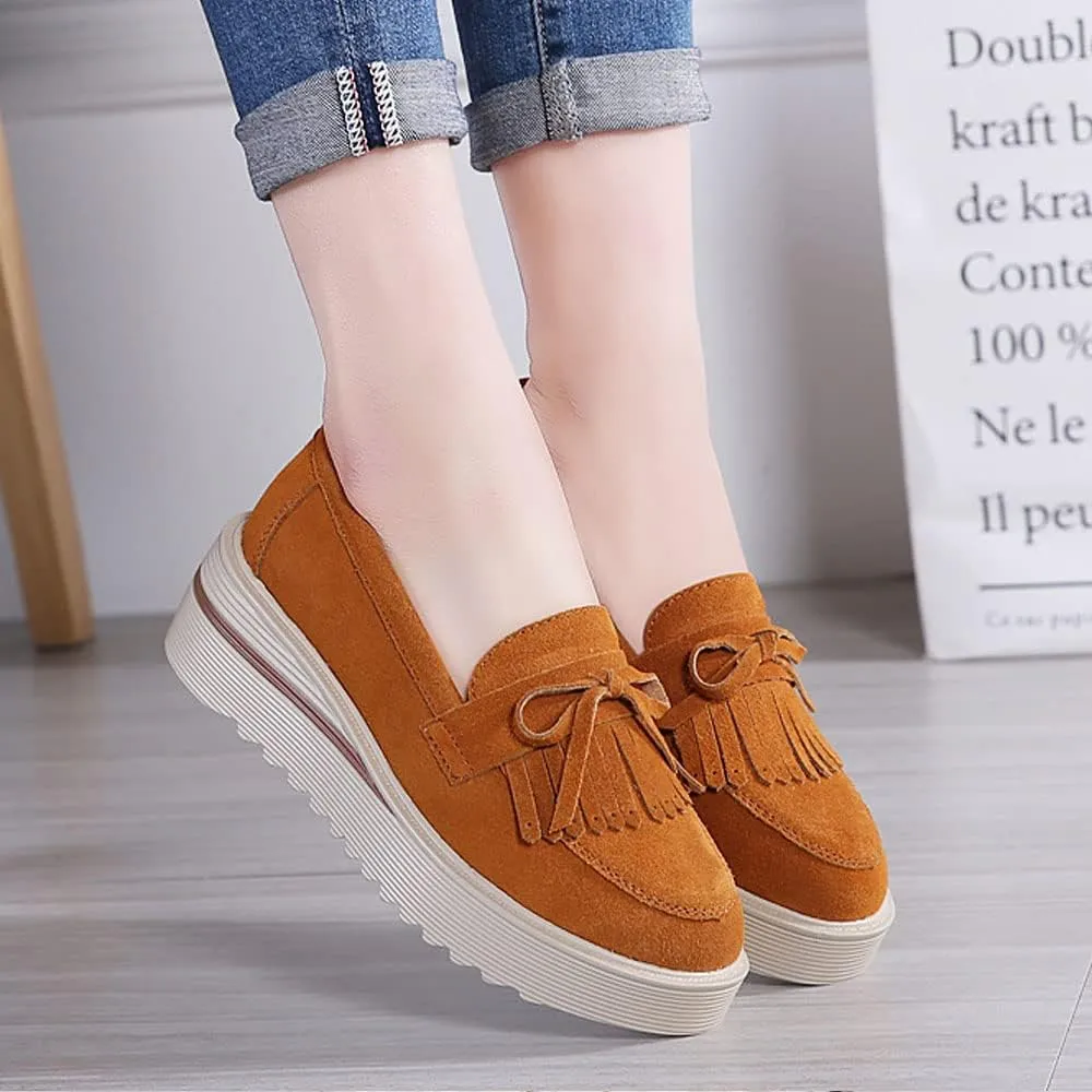 YING LAN Women Platform Slip On Loafers Comfort Suede Moccasins Wide Low Top Wedge Casual Shoes