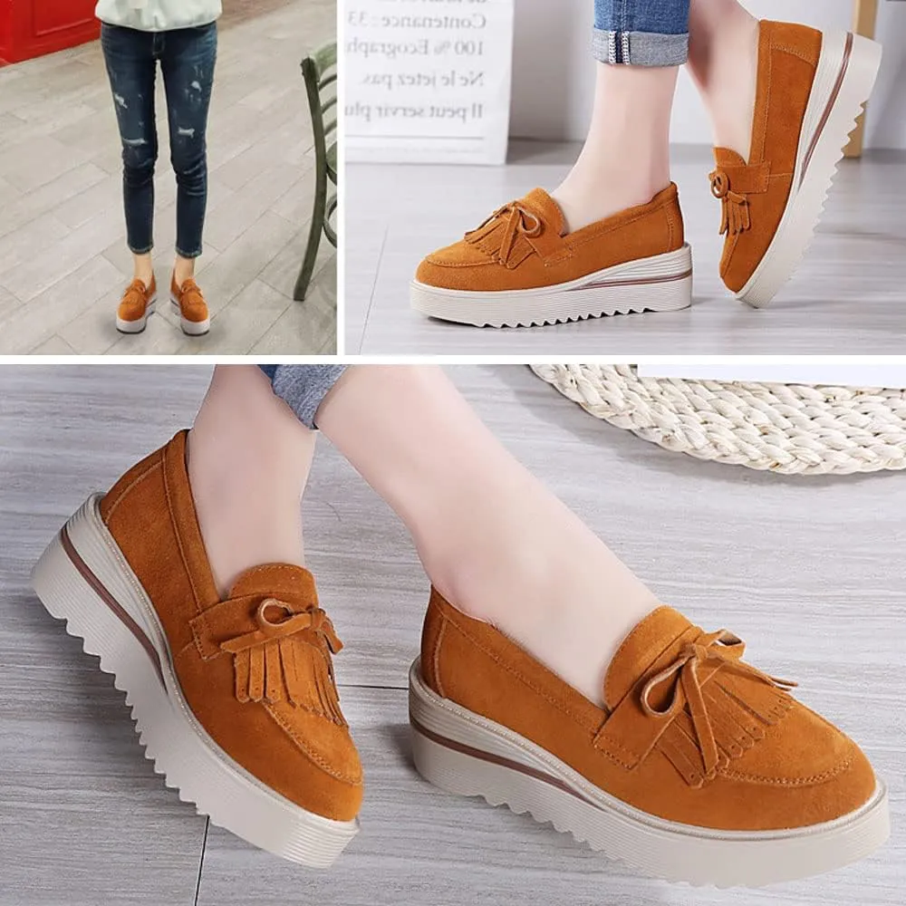 YING LAN Women Platform Slip On Loafers Comfort Suede Moccasins Wide Low Top Wedge Casual Shoes