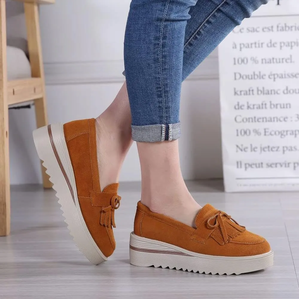 YING LAN Women Platform Slip On Loafers Comfort Suede Moccasins Wide Low Top Wedge Casual Shoes