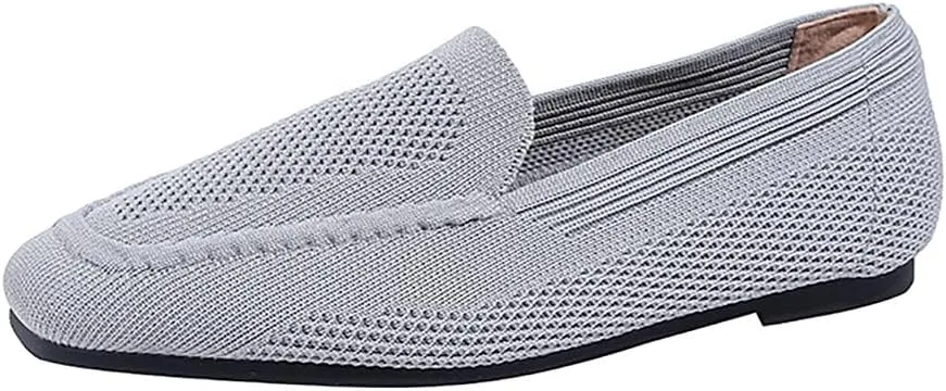 YING LAN Womens Knit Ballet Flats Shoes,Ladies Comfortable Square-Toe Dress Shoes Casual Slip On Soft Ballerina Walking Flats Shoes