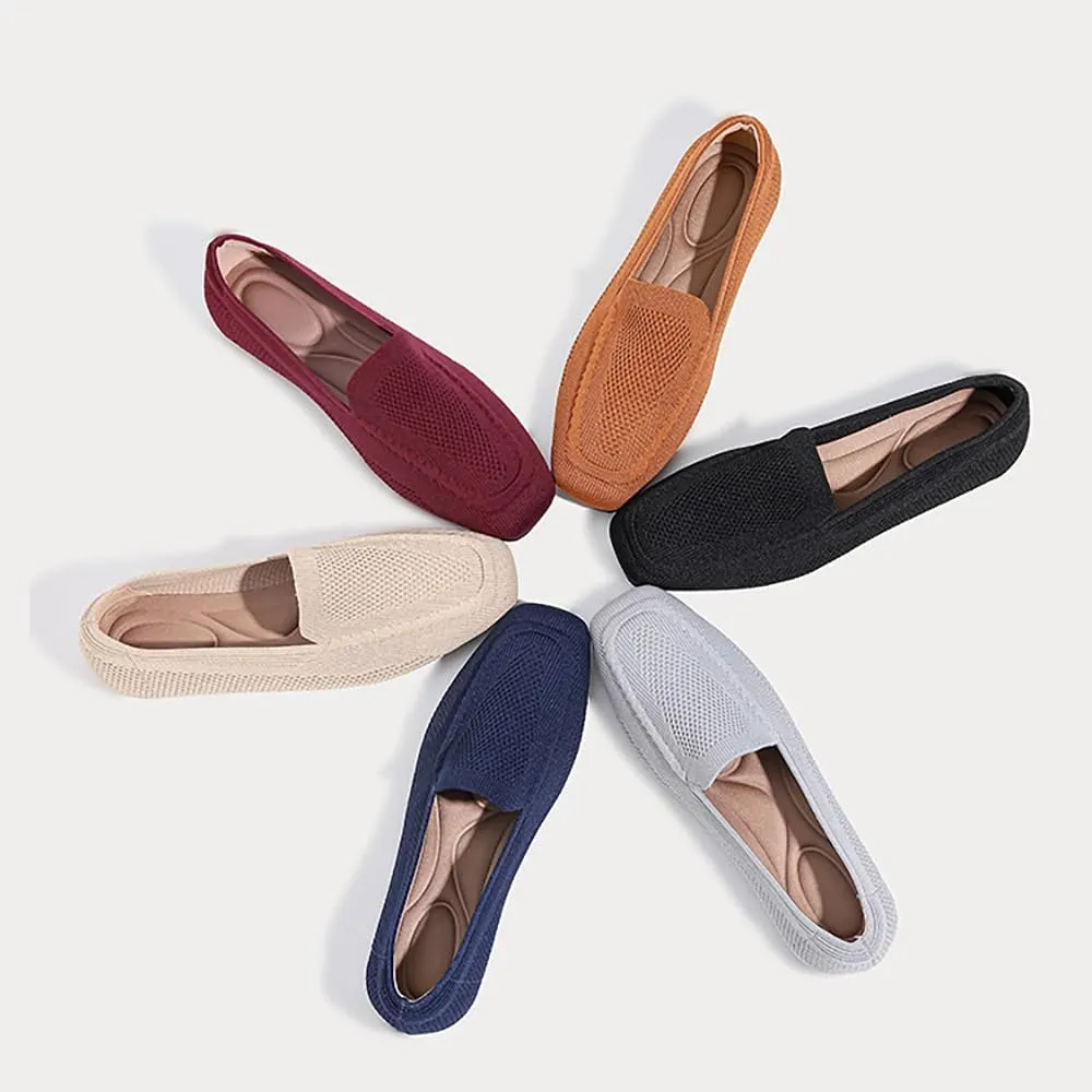 YING LAN Womens Knit Ballet Flats Shoes,Ladies Comfortable Square-Toe Dress Shoes Casual Slip On Soft Ballerina Walking Flats Shoes
