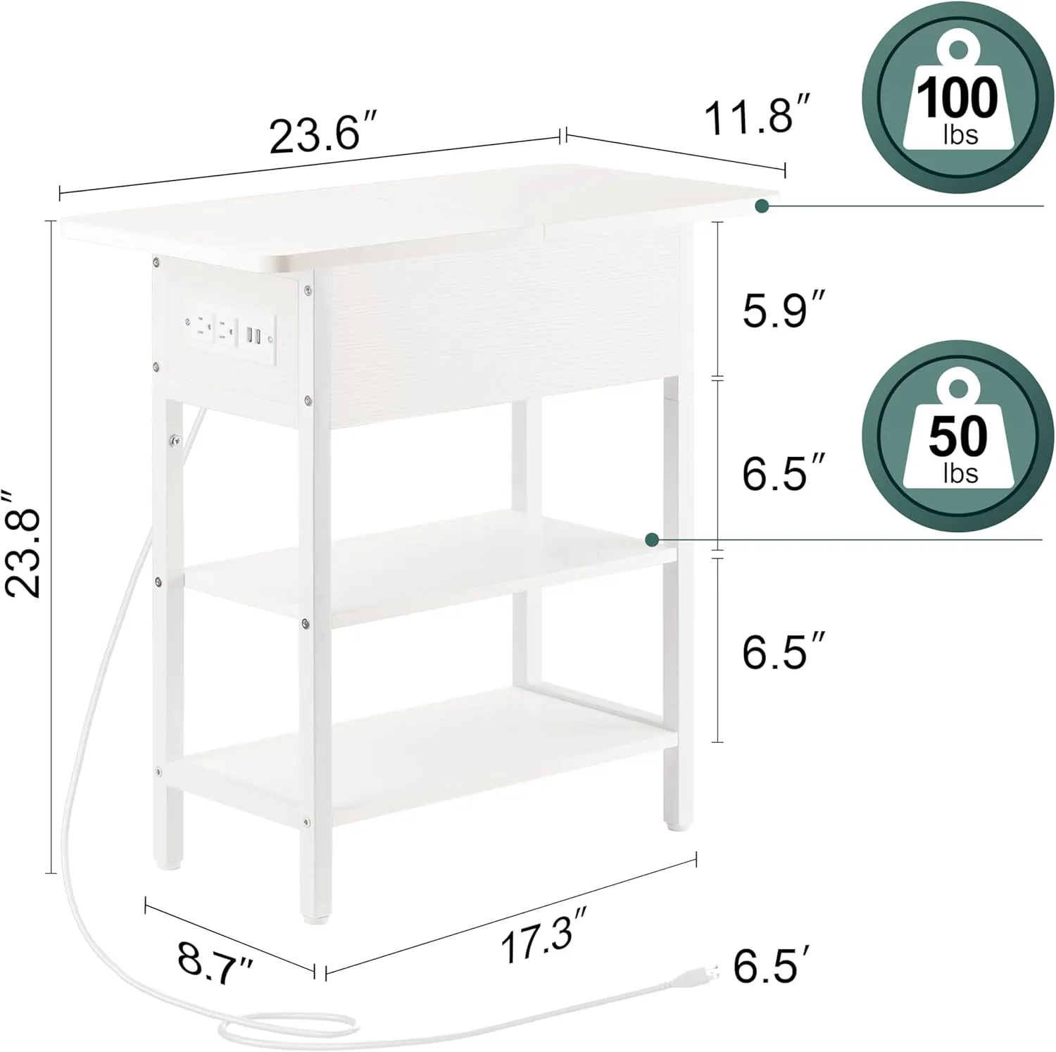 Yoobure End Table with Charging Station, Flip Top Side Table with USB Ports and Outlets, Sofa Couch Table Bedside Table for Living Room Bedroom, Narrow Nightstand with Storage Shelves for Small Spaces